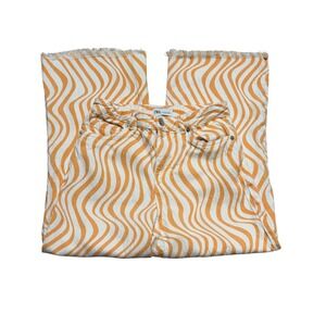Zara Orange White Psychedelic Swirl Wide Leg High Rise Jeans Raw‎ Hem Size 6
